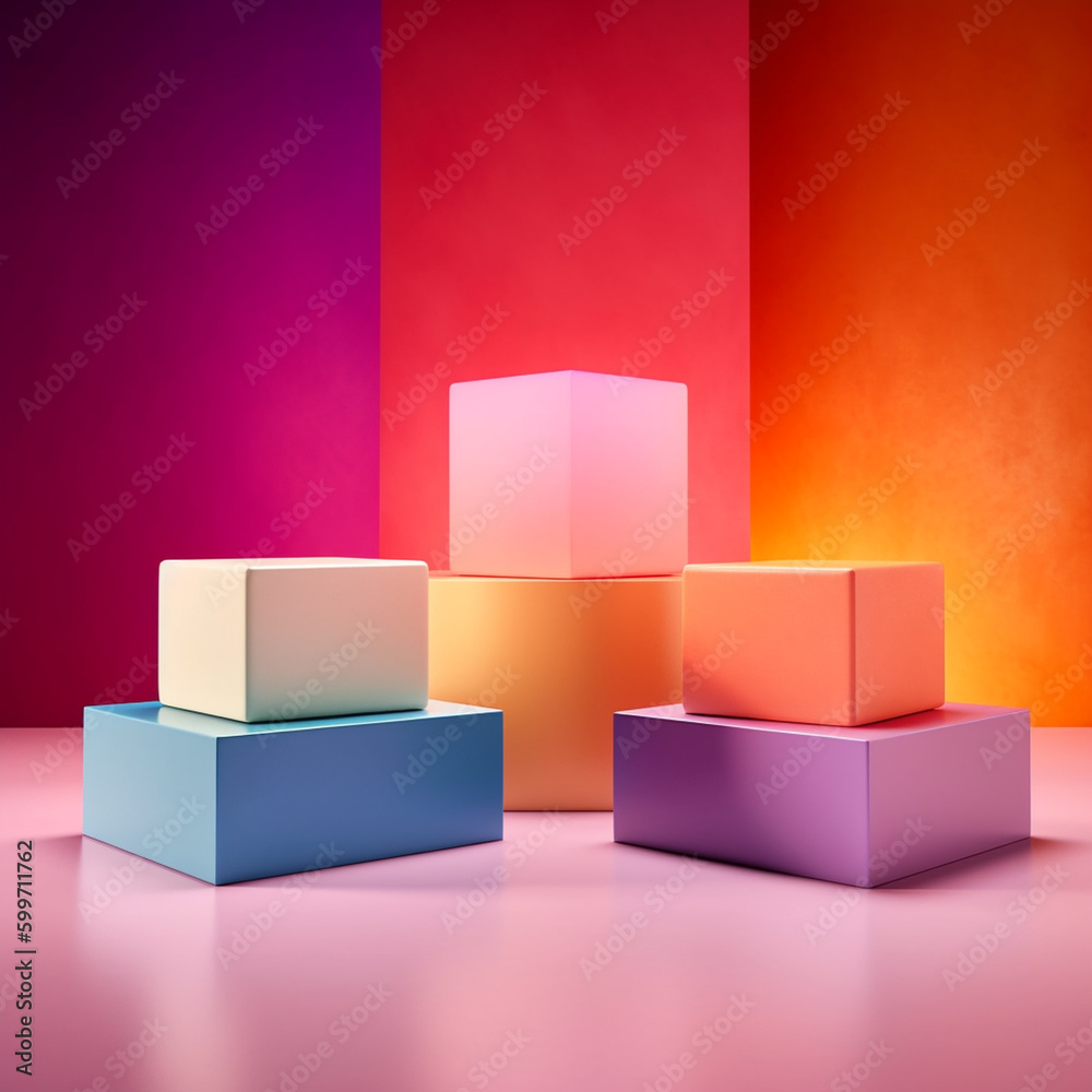 Abstract Pastel Step Up Podium with Gradient Dimensional Backdrop, Fun Geometric Shapes in Neon Aesthetic, Product Mock Up and Display for Cosmetic, Beauty, and Tech Products- Generative AI Abstract Pastel Step Up Podium with Gradient Dimensional Backdrop, Fun Geometric Shapes in Neon Aesthetic, Product Mock Up and Display for Cosmetic, Beauty, and Tech Products- Generative AI