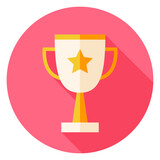 Award Cup with Star Circle Icon. Flat Design Vector Illustration with Long Shadow. Sport Activity and Fitness Lifestyle Symbol.