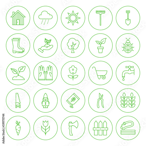 Line Circle Spring Gardening Tools Icons Set. Vector Set of Modern Thin Outline Icons of Nature Flowers Circle Shaped Isolated over White Background.