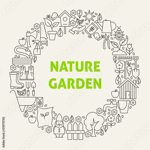 Nature Garden Line Art Icons Set Circle. Vector Illustration of Gardening Tools Objects. Spring Flowers Items.