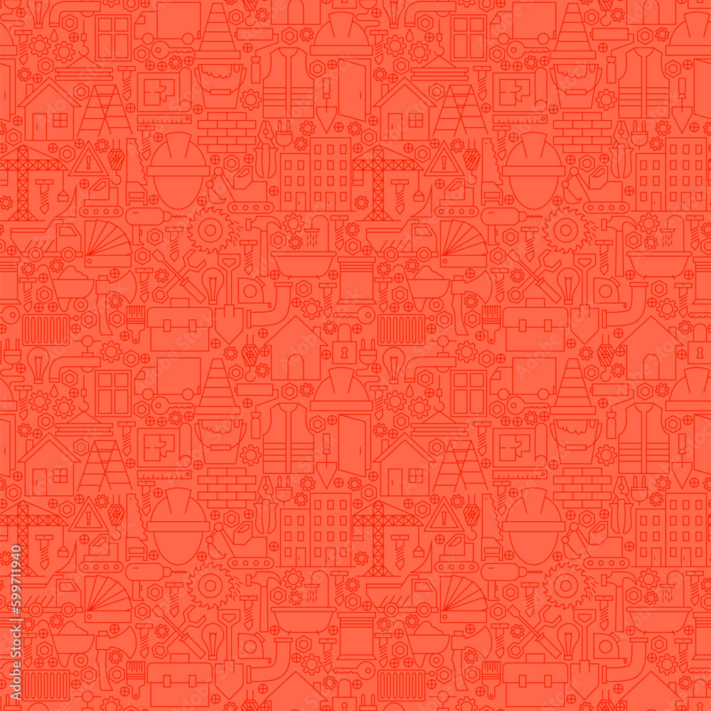 Red Thin Line Construction Seamless Pattern. Vector Website Design and Tile Background in Trendy Modern Outline Style. Building Equipment and Tools. Red Thin Line Construction Seamless Pattern. Vector Website Design and Tile Background in Trendy Modern Outline Style. Building Equipment and Tools.