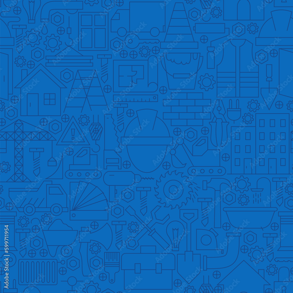 Fototapeta premium Thin Line Dark Blue Construction Seamless Pattern. Vector Website Design and Tile Background in Trendy Modern Outline Style. Building Equipment and Tools.