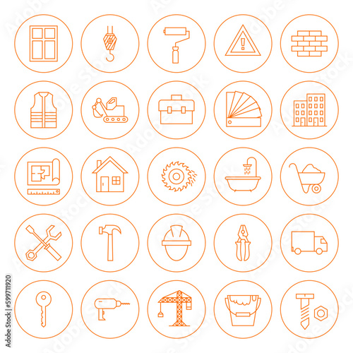 Line Building and Construction Icons Set. Vector Set of Modern Thin Outline Icons of Industrial Tools Circle Shaped Isolated over White Background.