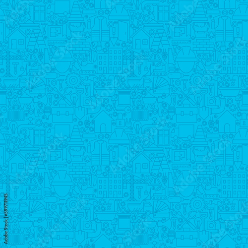 Thin Line Blue Construction Seamless Pattern. Vector Website Design and Tile Background in Trendy Modern Outline Style. Building Equipment and Tools.