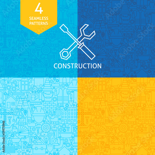 Thin Line Art Construction Pattern Set. Four Vector Website Design and Seamless Background in Trendy Modern Outline Style. Building Equipment and Tools.