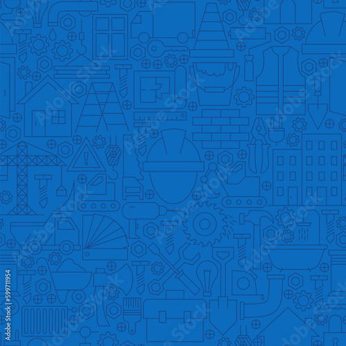 Thin Line Dark Blue Construction Seamless Pattern. Vector Website Design and Tile Background in Trendy Modern Outline Style. Building Equipment and Tools.