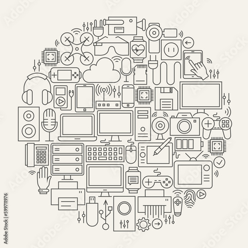 Gadgets and Devices Line Icons Set Circle Shape. Vector Illustration of Modern Technology and Electronics Objects.