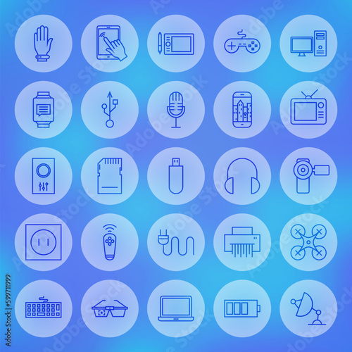 Line Circle Web Gadgets and Devices Icons Set. Vector Collection of Modern Thin Outline Icons of Technology and Electronics Circle Shaped over Blurred Background.