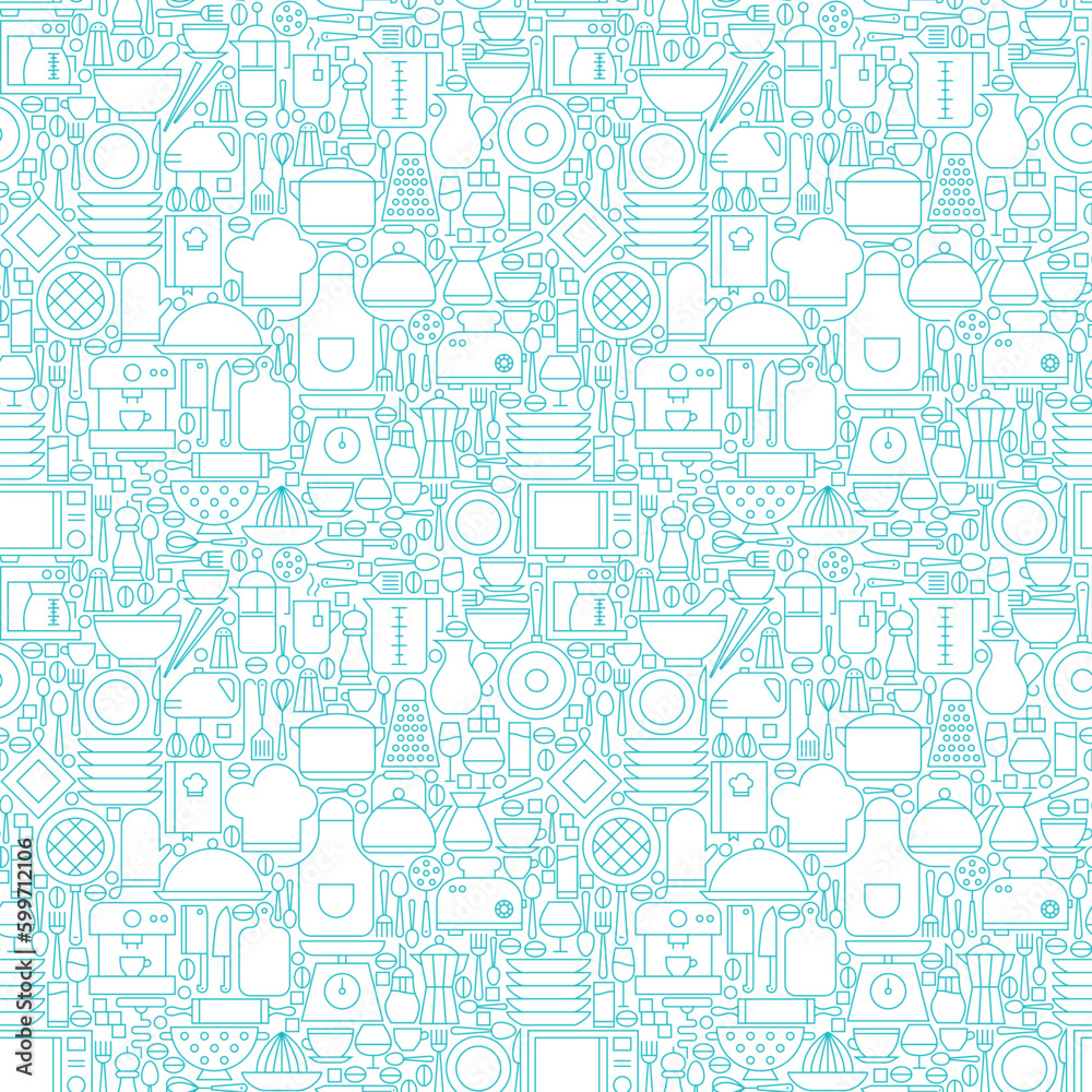 Thin Line Kitchen Appliances and Cooking White Seamless Pattern. Vector Website Design and Seamless Background in Trendy Modern Outline Style. Kitchenware Utensils.