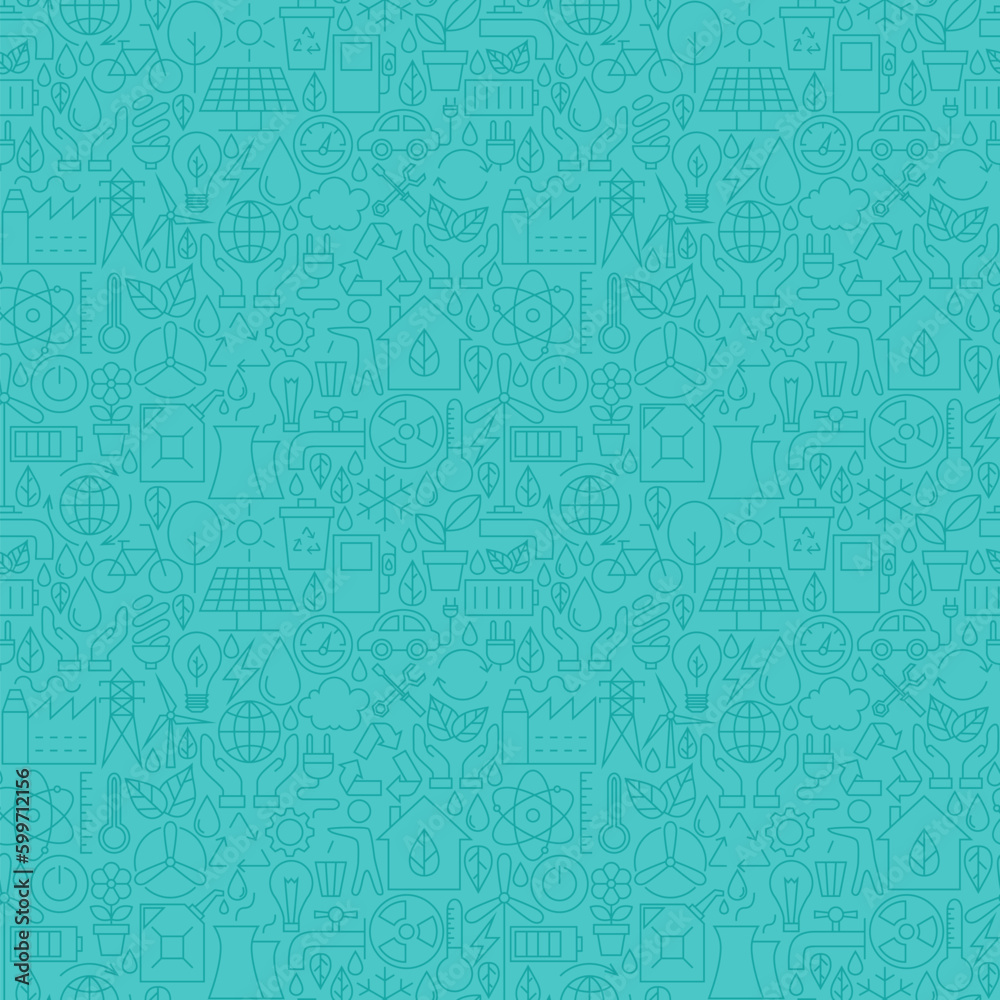 Thin Line Eco Friendly Ecology Blue Seamless Pattern. Vector Website Design and Tile Background in Trendy Modern Outline Style. Environment and Nature.