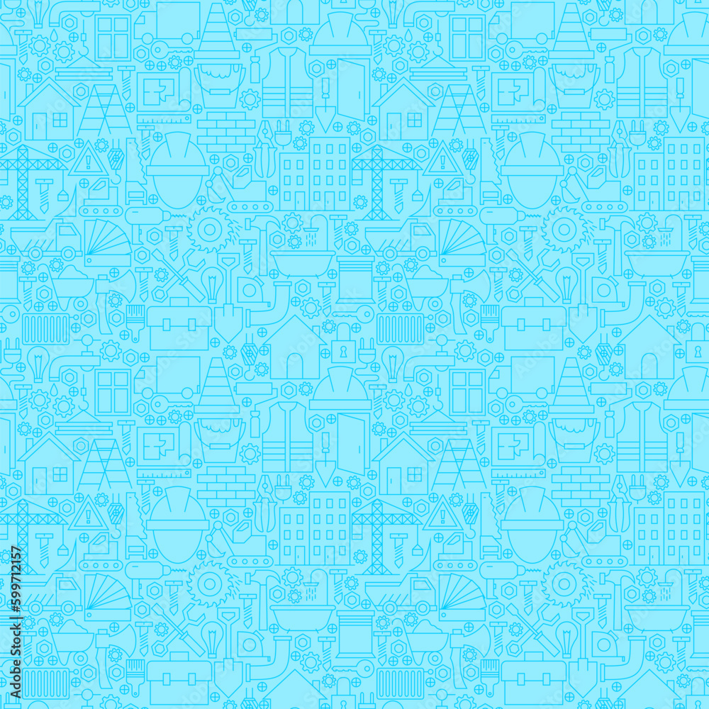 Thin Line Light Blue Construction Seamless Pattern. Vector Website Design and Tile Background in Trendy Modern Outline Style. Building Equipment and Tools.