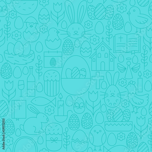 Thin Happy Easter Line Seamless Blue Pattern. Vector Website Design and Seamless Background in Trendy Modern Outline Style. Spring Holiday.