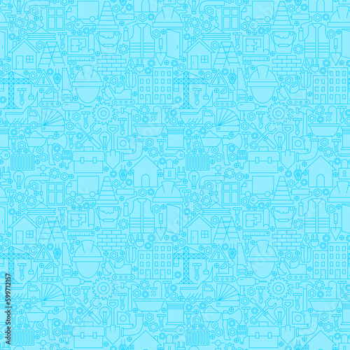 Thin Line Light Blue Construction Seamless Pattern. Vector Website Design and Tile Background in Trendy Modern Outline Style. Building Equipment and Tools.