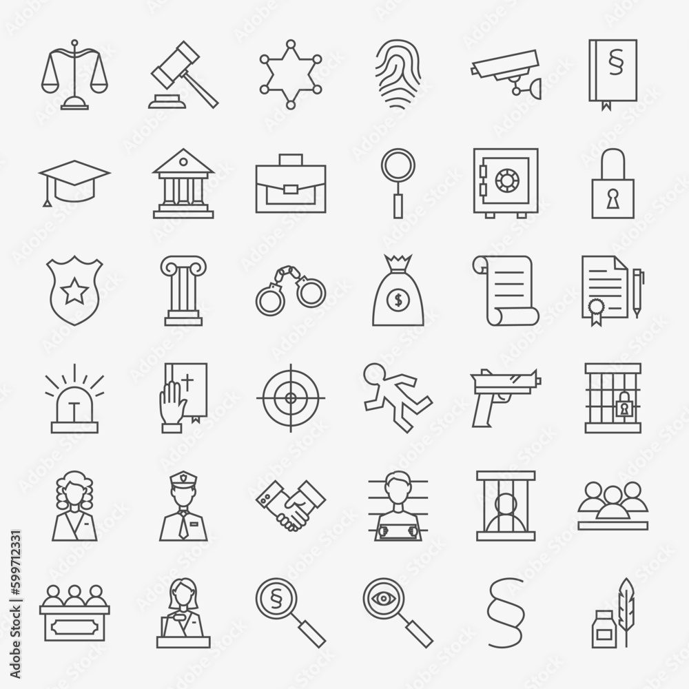 Law and Justice Line Art Design Icons Big Set. Vector Set of Modern Thin Outline Legal and Crime Symbols. Law and Justice Line Art Design Icons Big Set. Vector Set of Modern Thin Outline Legal and Crime Symbols.