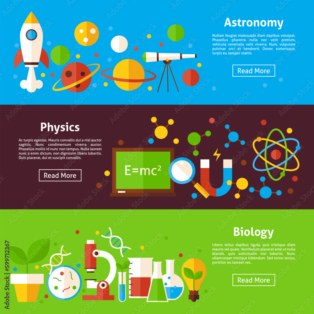 Naklejka premium Astronomy Physics Biology Science Flat Horizontal Banners. Vector Illustration for Website Header. Education and Learning Items Flat Design.