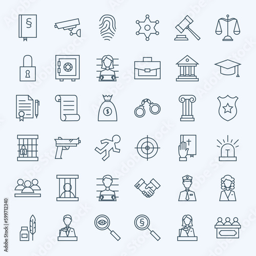 Line Lawyer Attorney and Crime Icons Set. Vector Set of Modern Thin Outline Law and Justice Items.