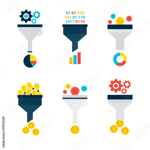 Business Sales Funnel Objects Set isolated over White. Flat Design Vector Illustration. Collection of Data Filter Items. Funnel Conversion.