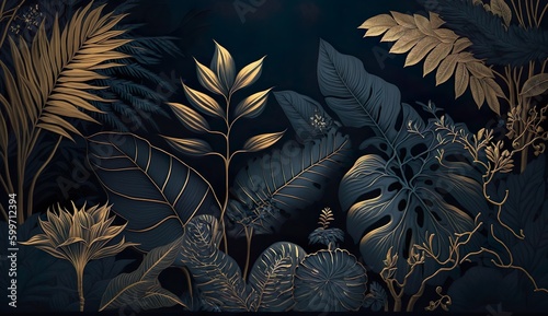 Fototapeta Naklejka Na Ścianę i Meble -  tropical leaves wallpaper, dark blue and gold, background banner, mural art, watercolor illustration. Generative AI