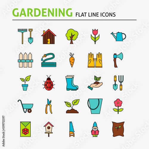 Garden Colorful Flat Line Icons Set. Vector Set of Spring Gardening Tools Modern Thin Outline Icons for Web and Mobile. Linear Icons Collection.
