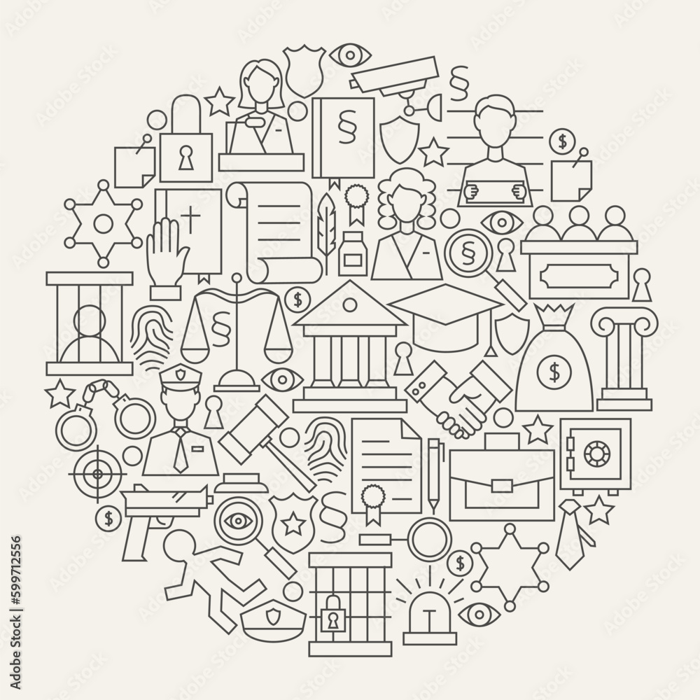 Law Justice and Crime Line Icons Set Circle Shape. Vector Illustration of Modern Attorney and Lawyer Outline Objects.