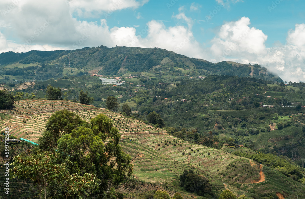 Natural and rural landscape of Jerico, Antioquia with mountains and blue sky. Colombia.