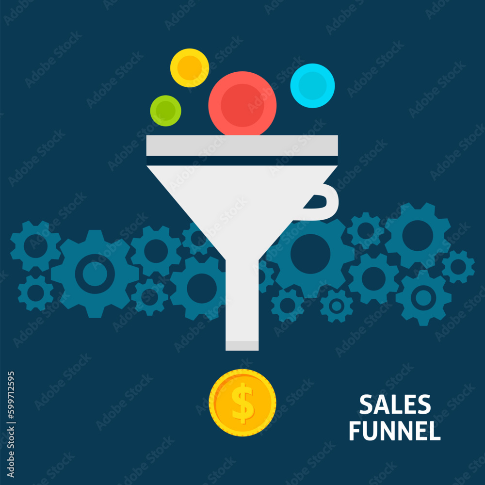 Sales Funnel Flat Style Concept. Vector Illustration of Data Filter. Business Conversion into Money. Sales Funnel Flat Style Concept. Vector Illustration of Data Filter. Business Conversion into Money.