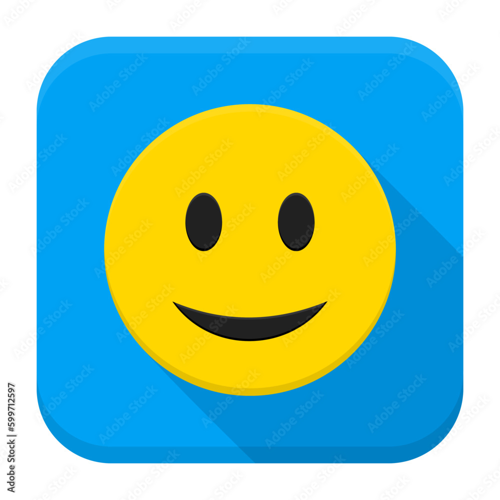 Smiling Yellow Face App Icon. Vector Illustration of Flat Style Icon Squre Shaped with Long Shadow.
