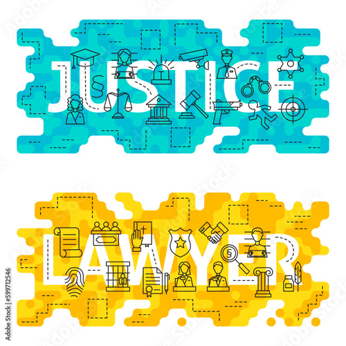 Justice Lawyer Word Outline Flat Concept. Vector Illustration of Thin Line Law and Crime Banner for Website and Web.