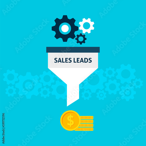 Sales Leads Flat Style Concept. Vector Illustration of Data Filter. Business Conversion into Money.