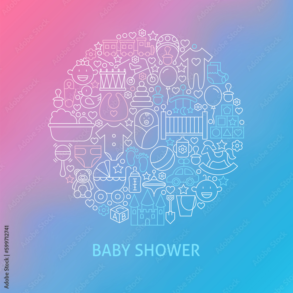 Thin Line Baby Shower Icons Set Circle Concept. Vector Illustration of Newborn Child and Toys Outline Objects over Blue and Pink Blurred Background.