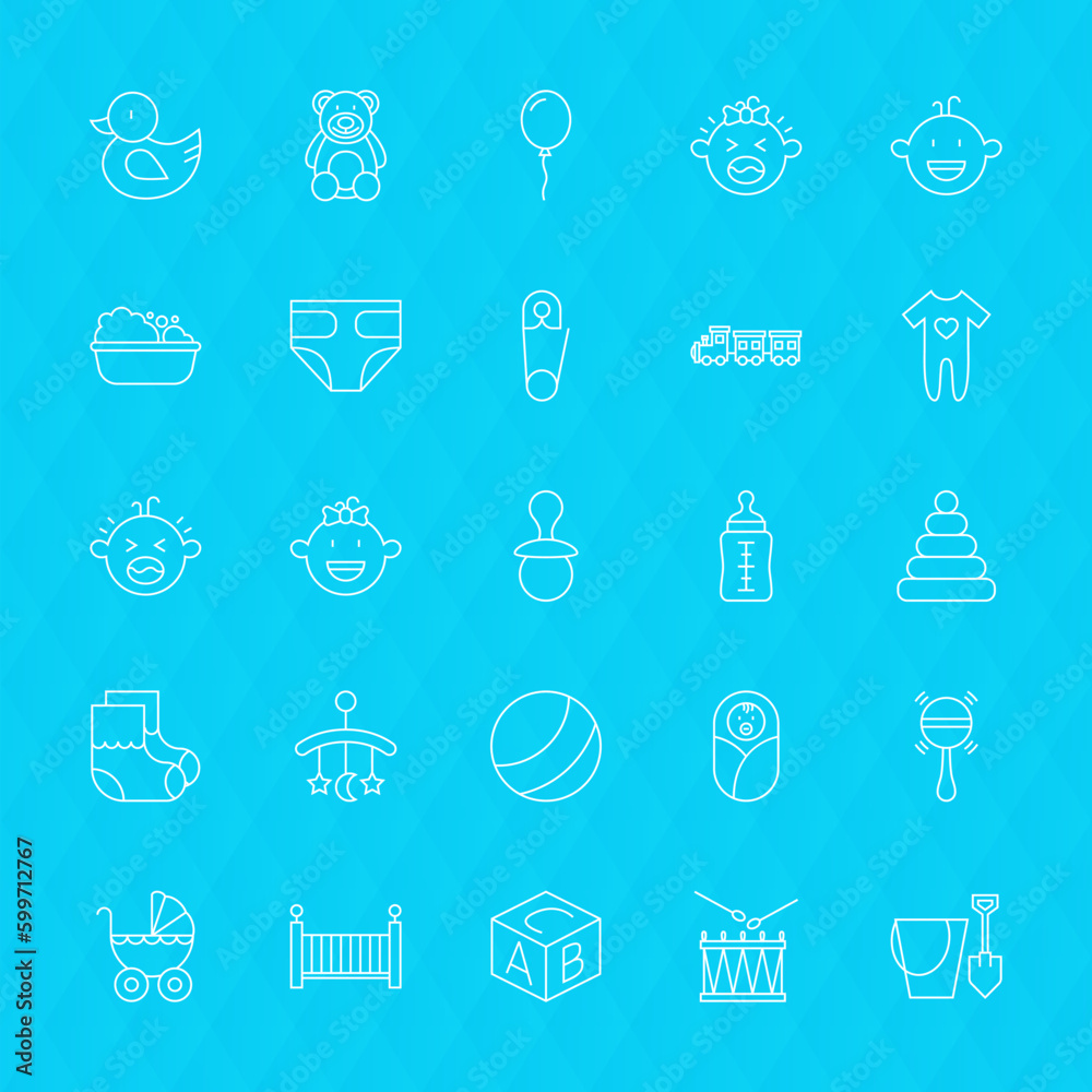 Toys and Baby Line Icons Set over Polygonal Background. Vector Set of Modern Thin Outline Newborn and Childhood Items. Toys and Baby Line Icons Set over Polygonal Background. Vector Set of Modern Thin Outline Newborn and Childhood Items.