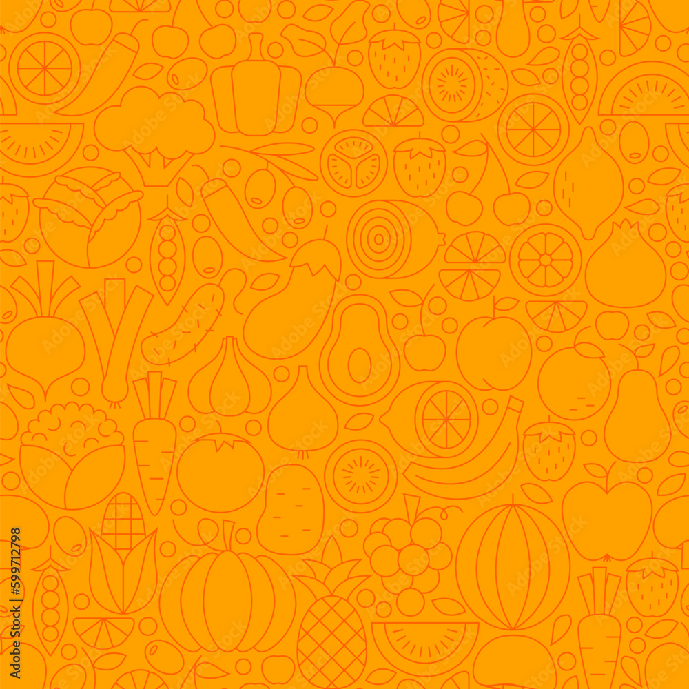 Thin Orange Vegetarian Healthy Food Line Seamless Pattern. Vector Website Design and Tile Background in Trendy Modern Outline Style. Fresh Local Market Food.