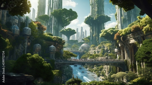 Futuristic utopia megacity concept. Green eco friendly metropolis illustration. Generative AI.