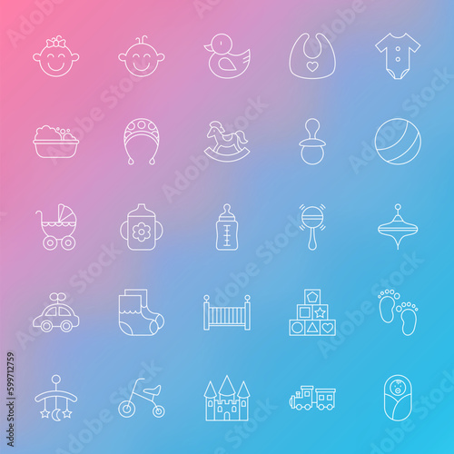 Toys and Baby Line Icons Set over Blurred Background. Vector Set of Modern Thin Outline Newborn and Child Items.