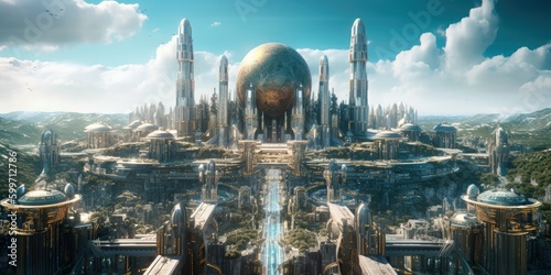 Concept of an utopia metropolis built around a powerplant. Eco-friendly futuristic clean city producing renewable energy. Generative AI illustration.