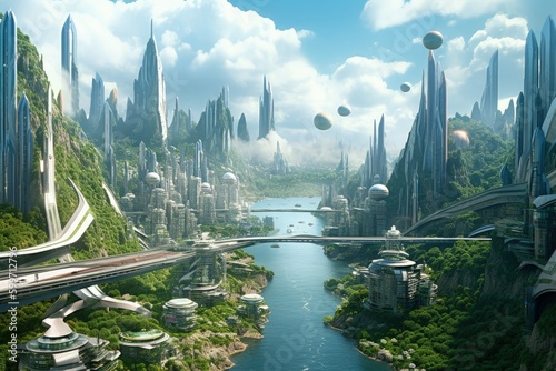 Conceptual illustration of a clean and modern futuristic utopia megalopolis city. Generative AI illustration.  photo