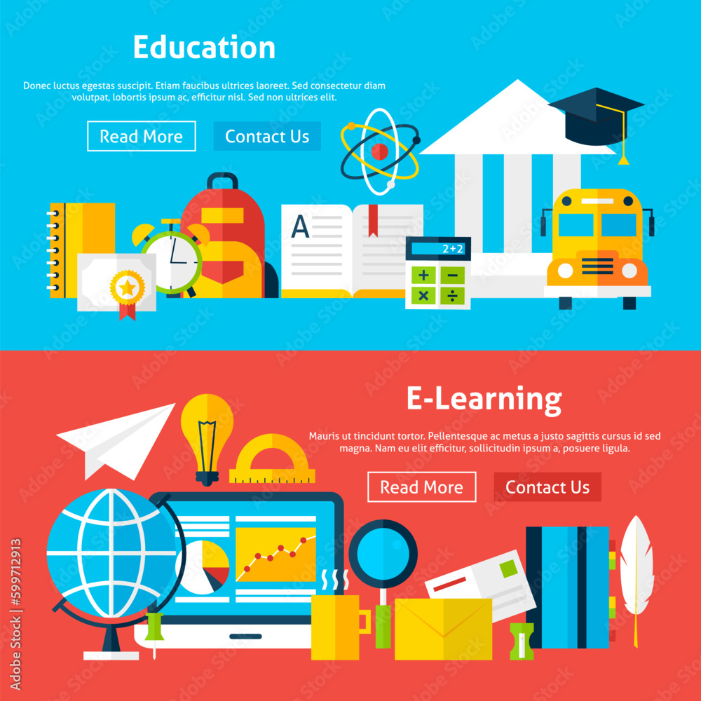 Education and E Learning Flat Web Banners. Vector Illustration for Website banner and landing page. Set of Online Tutorial Services Modern Design.