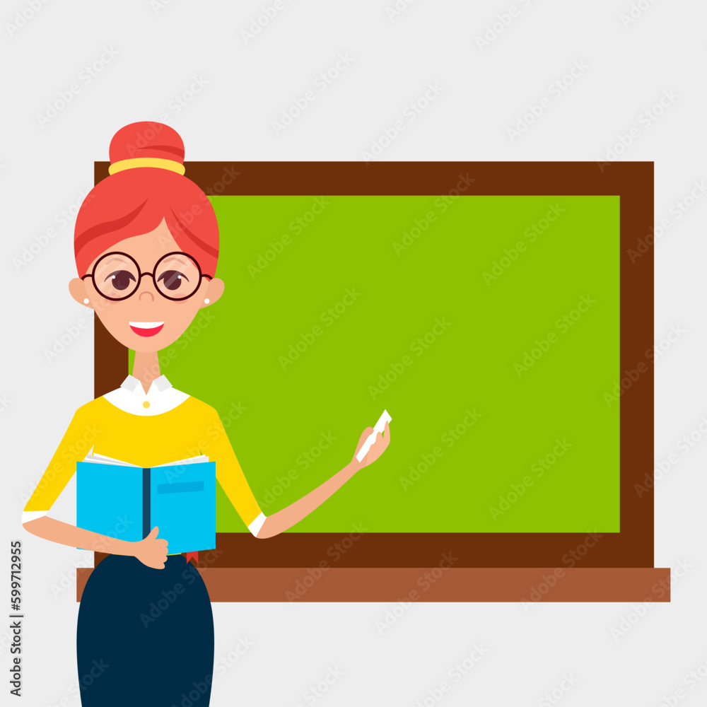 Lady Teacher with Glasses and Book and Empty Chalkboard. Vector Illustration of People Character isolated over White. Back to School. Flat Style Education Concept. Lady Teacher with Glasses and Book and Empty Chalkboard. Vector Illustration of People Character isolated over White. Back to School. Flat Style Education Concept.