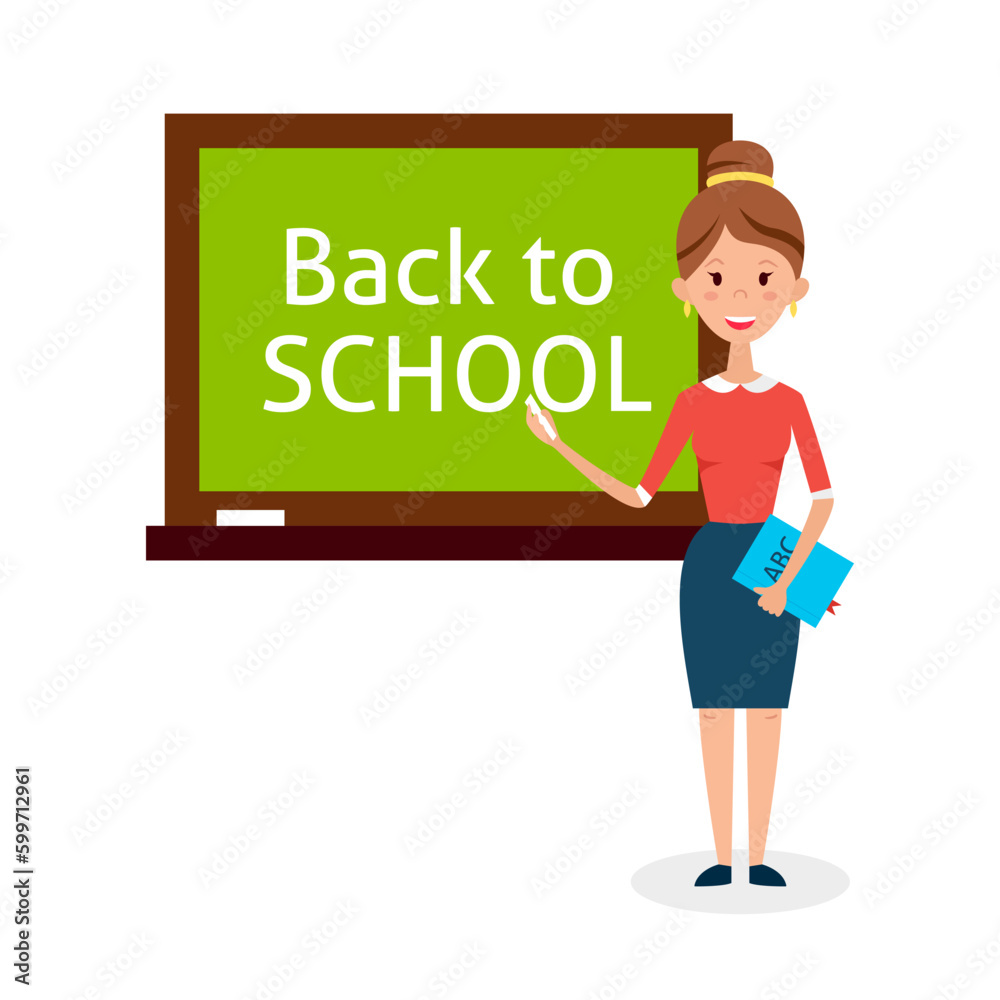 Woman Teacher with Chalkboard. Vector Illustration of People Character isolated over White. Back to School. Flat Style Education Concept. Woman Teacher with Chalkboard. Vector Illustration of People Character isolated over White. Back to School. Flat Style Education Concept.