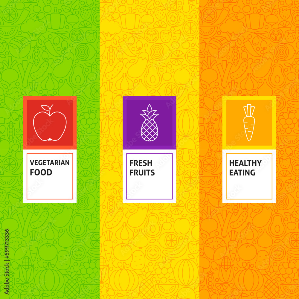 Line Fruit Vegetable Patterns Set. Vector Illustration of Logo Design. Template for Packaging with Labels.