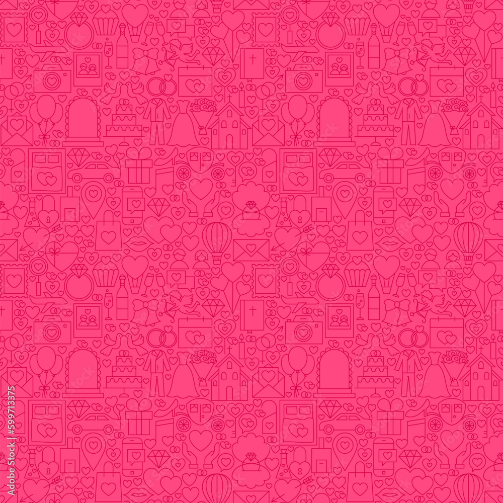 Pink Line Wedding Seamless Pattern. Vector Illustration of Outline Tile Background. Save the Date.