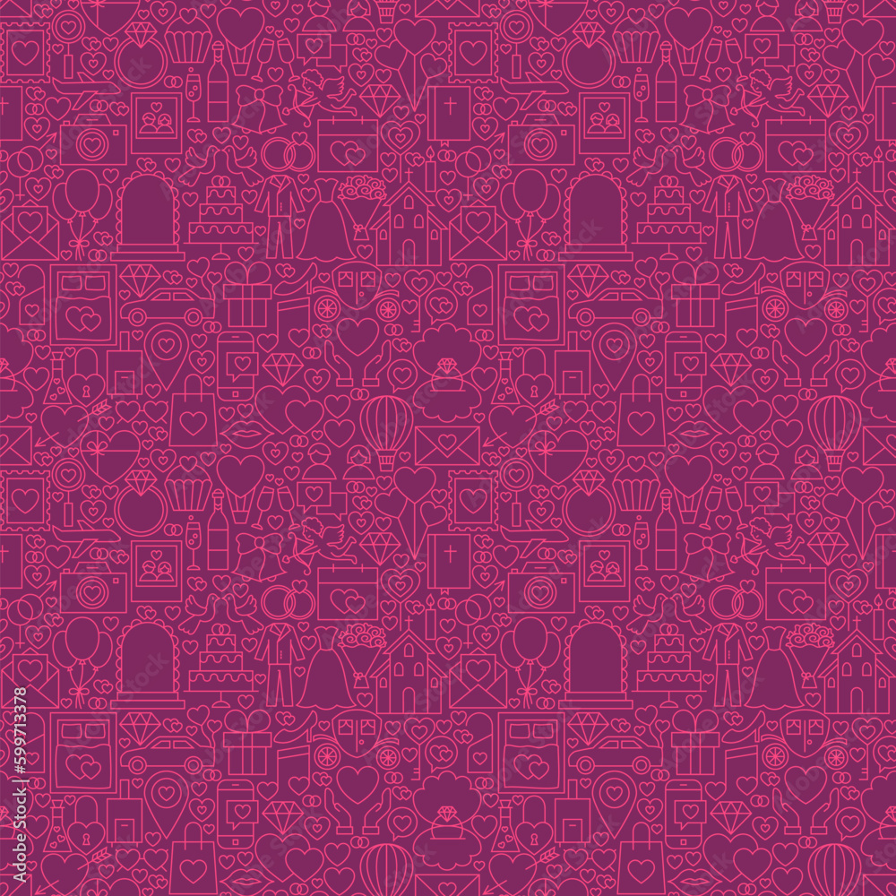 Purple Line Wedding Seamless Pattern. Vector Illustration of Outline Tile Background. Love and Heart.