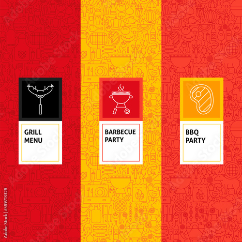 Line Barbecue Patterns Set. Vector Illustration of Logo Design. Template for Packaging with Labels.