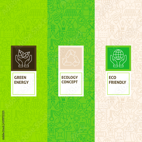 Line Ecology Patterns Set. Vector Illustration of Logo Design. Template for Packaging with Labels.
