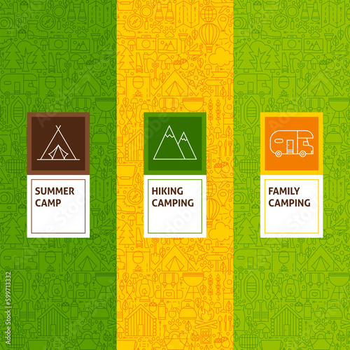 Line Camping Patterns Set. Vector Illustration of Logo Design. Template for Packaging with Labels.
