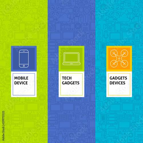 Line Gadgets Devices Patterns Set. Vector Illustration of Logo Design. Template for Packaging with Labels.
