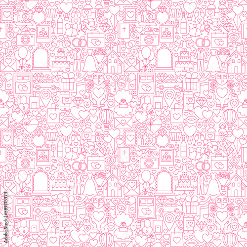 Line Wedding White Seamless Pattern. Vector Illustration of Outline Tile Background. Save the Date.