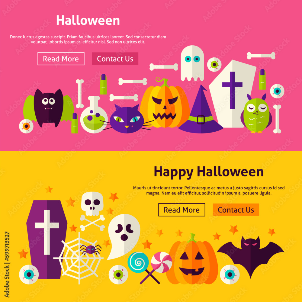 Fototapeta premium Happy Halloween Website Banners. Vector Illustration for Web Header. Trick or Treat Modern Flat Design.
