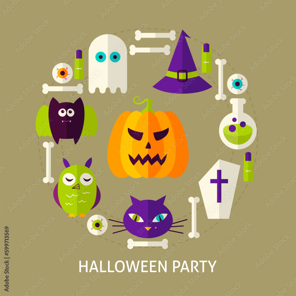 Halloween Party Greeting Card. Poster Design Vector Illustration. Trick or Treat Flyer.