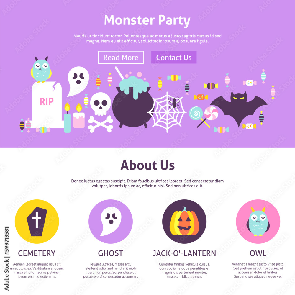 Monster Party Website Design. Flat Style Vector Illustration for Web Banner and Landing Page. Happy Halloween. Monster Party Website Design. Flat Style Vector Illustration for Web Banner and Landing Page. Happy Halloween.